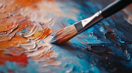 Obraz premium Close-up of a paintbrush applying vibrant colors on a canvas, showcasing the texture and blending of acrylic paint in an abstract painting.