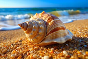Sea shell on wet sand. Summer ocean beach. Beautiful spiral shell on the background of the sea and the blue sky
