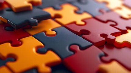 Close-up of a colorful jigsaw puzzle with red, orange, and black pieces.