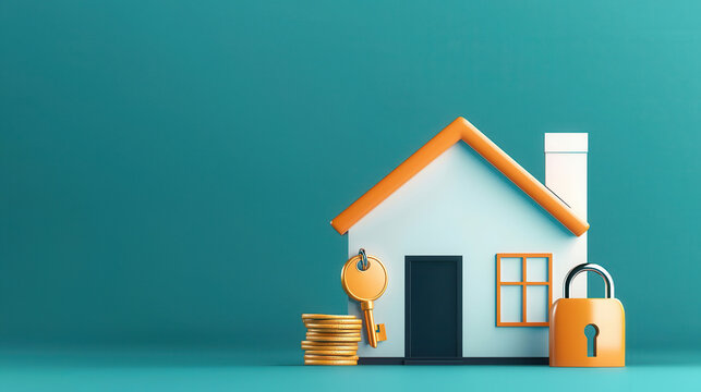A colorful house model with a key and padlock on a blue background, symbolizing security and homeownership.