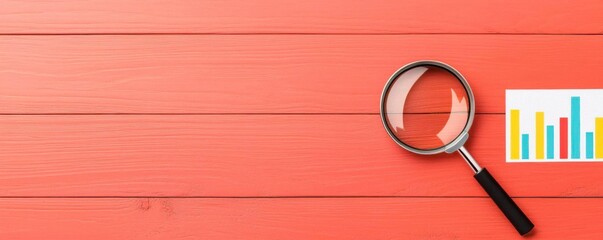 A magnifying glass on a wooden surface with a colorful bar chart, symbolizing analysis, research, and data exploration.