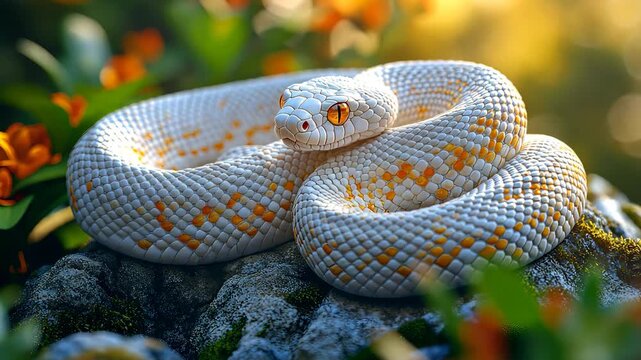 Albino pied-ball python lounging gracefully on a sunlit rock