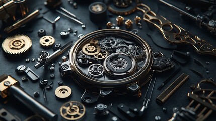 Close-up view of mechanical watch gears and components arranged on a dark surface.