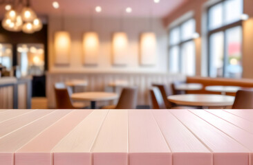 Fototapeta premium Empty table top on the background of a cozy light restaurant