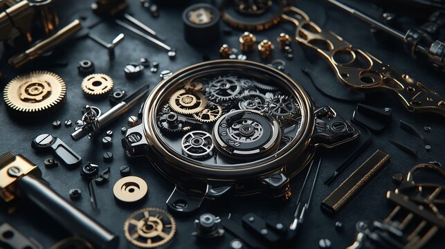 Close-up view of mechanical watch gears and components arranged on a dark surface.