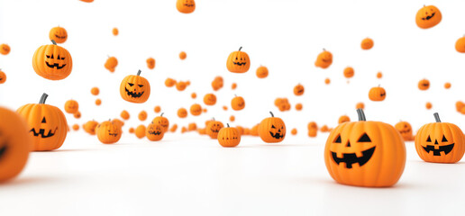 An illustration featuring hundreds of comical jack-o'-lanterns, each with unique and playful expressions, rolling downhill on a white background. The pumpkins appear to be in motion, creating a fun an