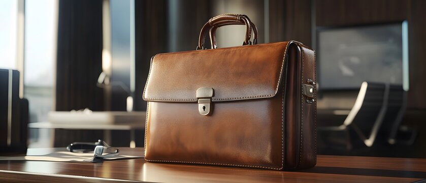 Leather briefcase on a desk in an office setting.
