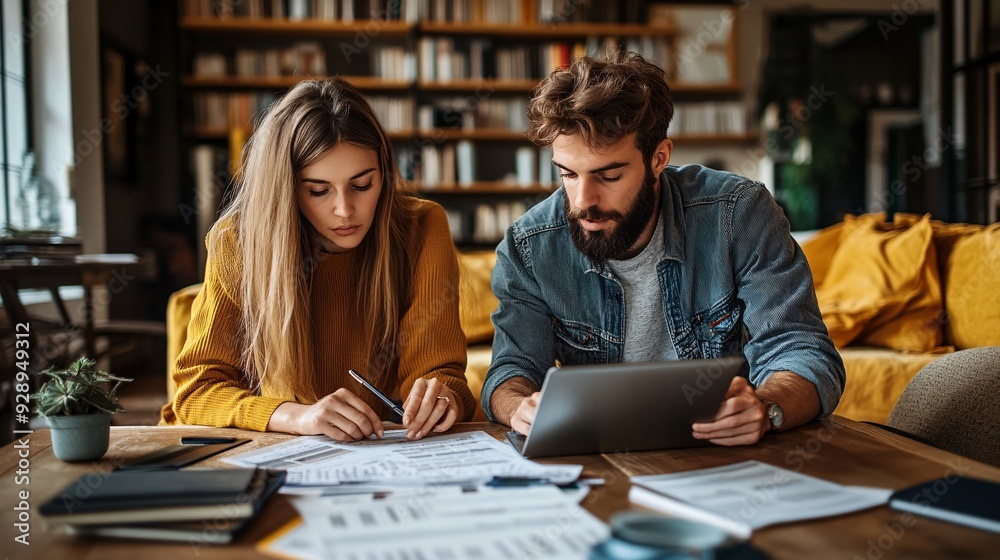 Poster a young couple discussing their financial goals while looking at a spreadsheet on a tablet they are 