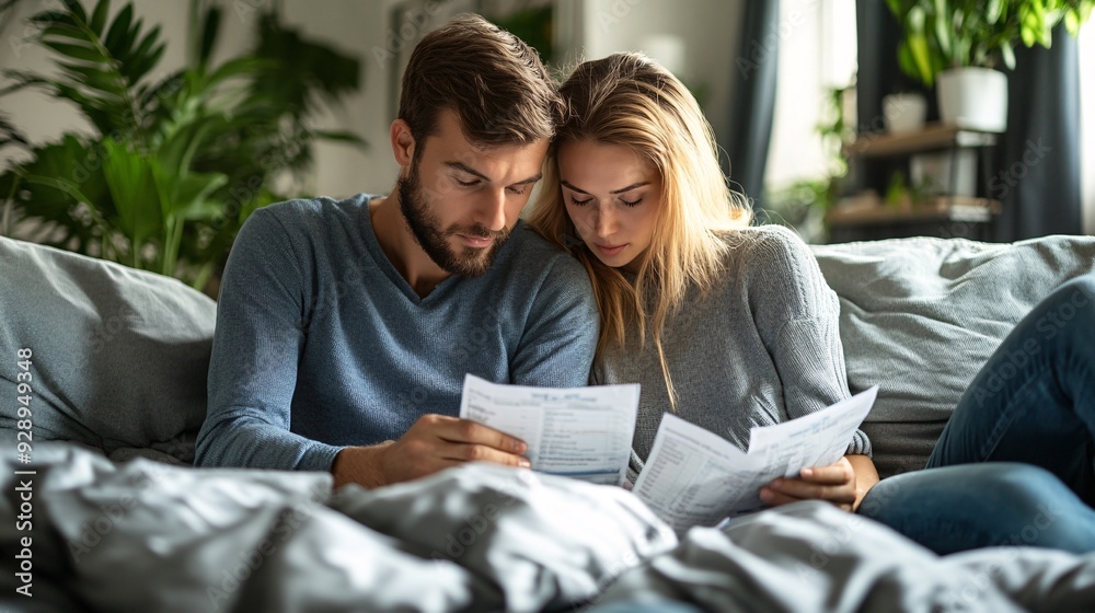 Aufkleber a young couple discussing their financial goals while looking at a spreadsheet on a tablet they are 