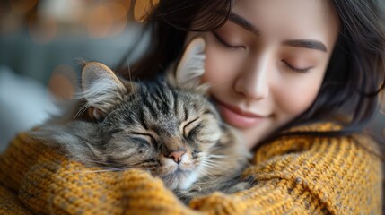 Woman Holding a Cat with Closed Eyes