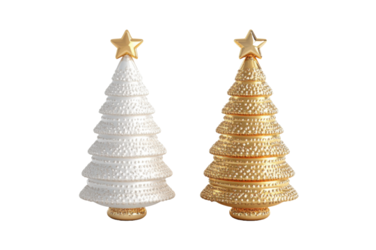 Elegant white and gold ceramic Christmas trees with intricate designs, perfect for holiday decor or festive celebrations.