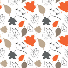 Seamless pattern with autumn leaves in Orange, Beige, Grey. Perfect for wallpaper, gift Wrapping paper, pattern fills, web page background, autumn greeting cards. Vector Flat Cartoon Illustration