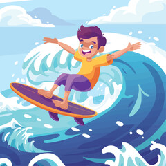 vector cartoon of a boy surfing on a wave