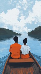 Fototapeta premium A couple relaxes in a boat, surrounded by calm water and lush greenery under a bright blue sky