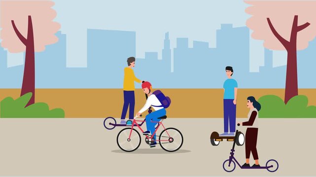 ecological transport and young people in the park cartoon animation