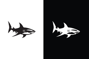 Shark silhouette icons on a white and black background.