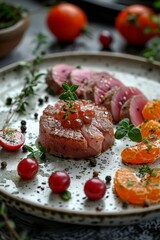 Exquisite tuna filet served with vibrant citrus slices, herbs, and a side of fresh salad. A perfect dish for gourmet, healthy, and elegant food presentations.