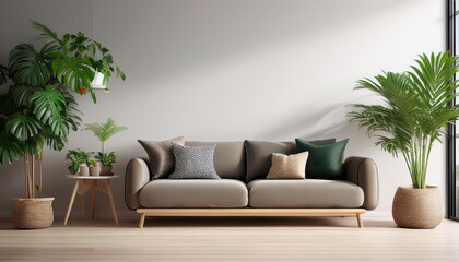 モダンでミニマリストなリビングルームのインテリアを描いています。中央にはシンプルなデザインのソファが配置され、グレーと緑のクッションがアクセントとなっています。ソファの両側には大きな観葉植物が置かれ、自然光が差し込むことで、明るく開放的な雰囲気が漂います。generative AI