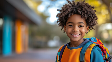 Portrait of smiling african american schoolboy with backpack at school