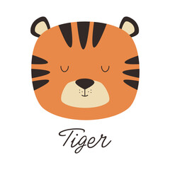 Cute tiger vector illustration. Head of tiger is drawn in cartoon style.