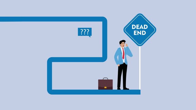 Wrong decisions, the entrepreneur choose the wrong path. Male manager thinking and looks at dead end sign cartoon animation