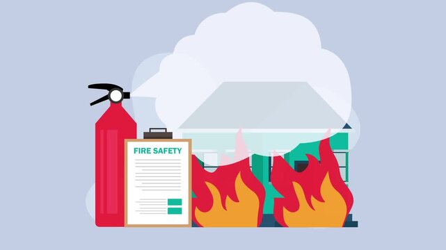 Fire property insurance, accident economic loss, belongings protection, standard policy, damage coverage cartoon animation