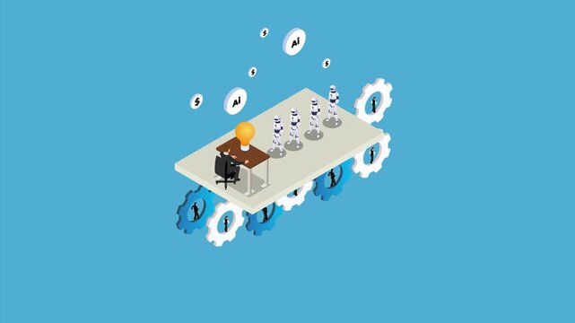 Robots replacing humans at work and business, automatization 3d animation cartoon