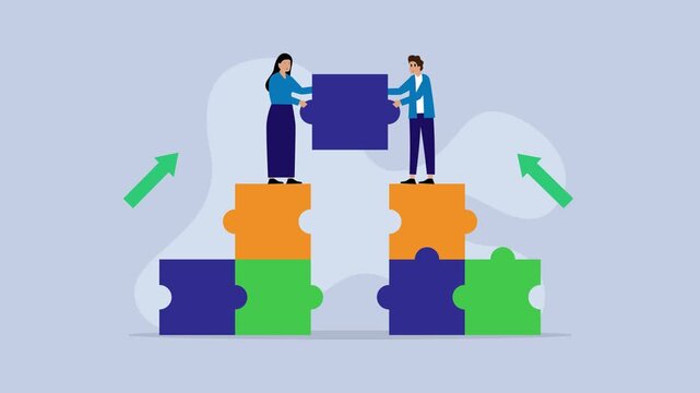 Two young business people working together with puzzles as symbol of collaborating, solving problems, thinking about creative idea cartoon animation