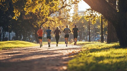 Fototapeta premium Group of Friends Jogging in a Vibrant Urban Park with Morning Energy
