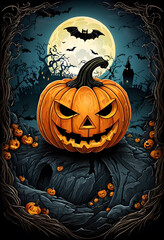 A spooky Halloween scene featuring a large, menacing jack-o'-lantern with a carved face, surrounded by smaller pumpkins. The background includes a full moon and bats flying.