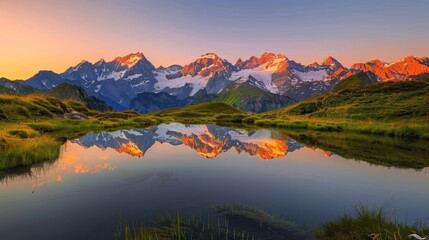 Fototapeta premium Twilight Tranquility: Scenic Austrian Alps Landscape with Snow-Capped Peaks and Serene Mountain Lakes at Dusk