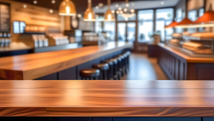 Empty table top on the background of a modern coffee shop