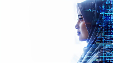 side profile portrait of an Arabian middle eastern female with a tech pattern overlay, portraying a cyber security analyst of artificial intelligence and the future of ai in the UAE workplace. AI Gen	