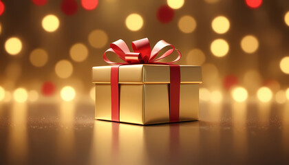 A Christmas Gift ,Boxed,Tied with a Red Ribbon-Bokeh Background gold Tone  Box 