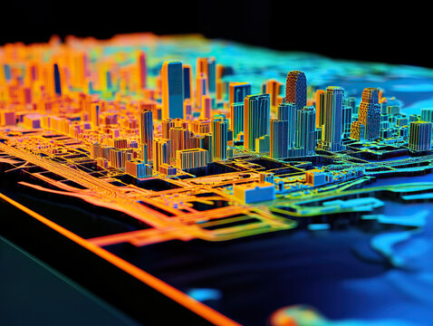 Technical aerial visual, 3D LiDAR GIS aerial map satellite scan model isolated, showing Miami. Elevation, topography, render