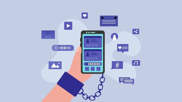 Phone chained on hand - social media addicted 2d animation video cartoon