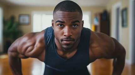 A man with a muscular build is posing for a picture. He is wearing a black tank top and he is focused on the camera