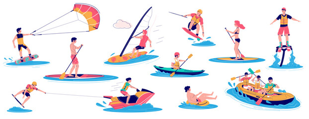 Active people characters enjoying extreme water sport activity and entertainment isolated set. Man and woman kayaking, surfboarding, surfing, canoeing vector illustration © Siberian Art