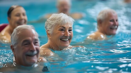 Fototapeta premium Energetic Group of Senior Adults Participating in Water Aerobics Class