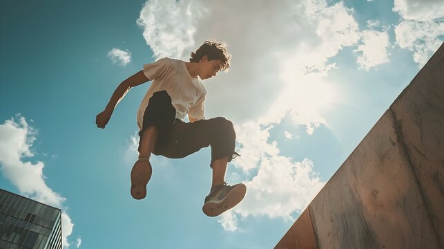 Fearless Teen Practicing Parkour in Captivating Urban Landscape