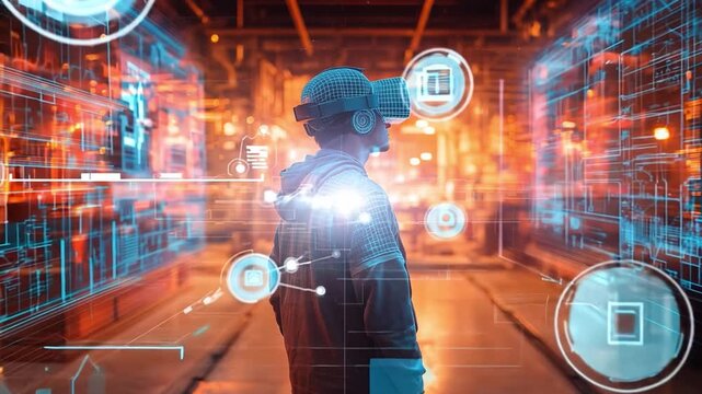 A person dons a virtual reality headset, engaged in an immersive digital experience surrounded by luminous data visuals.