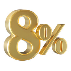 8 Percent Off Sale . Gold Number 3D Render