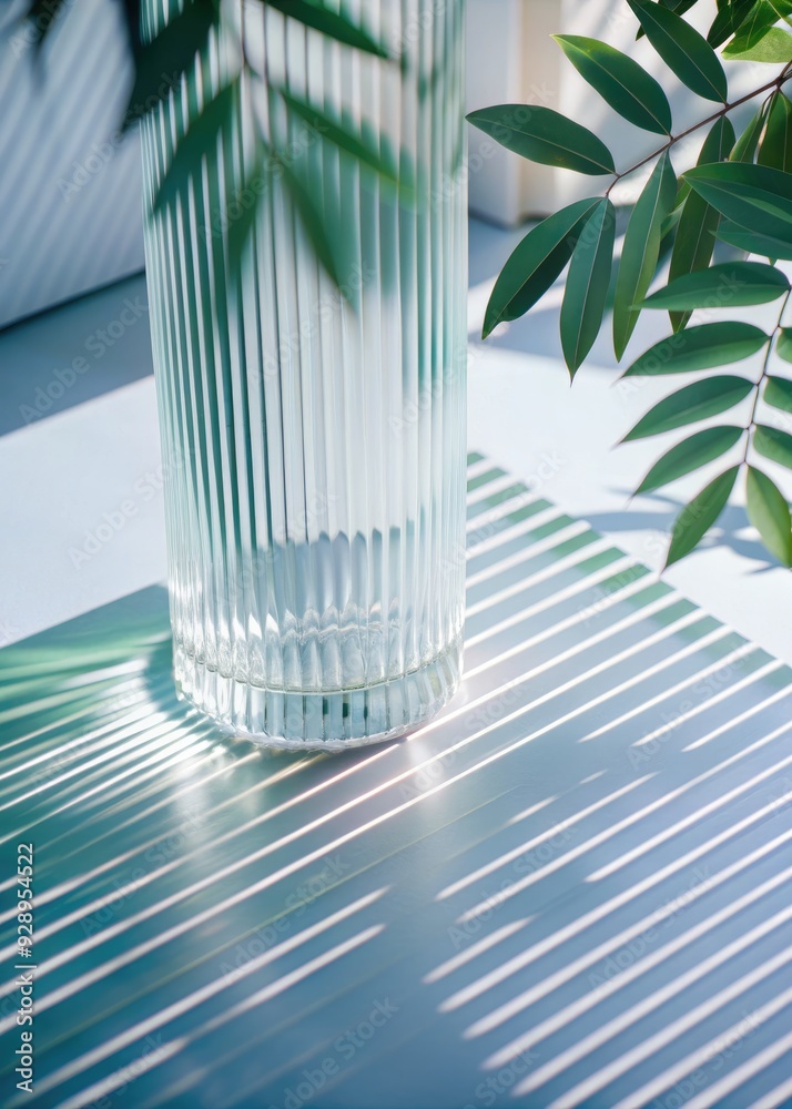 Wall mural glass vase casting light and shadows with green leaves