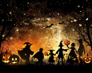 The background features silhouettes of trees with bare branches, while glowing windows in the houses add to the atmosphere. Illuminated pumpkins line the sidewalks, creating a trail of light that guid