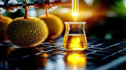 Close-up of a laboratory flask with golden liquid, a pipette transferring oil, surrounded by natural elements in a vibrant setting.