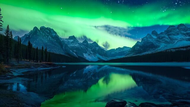 Aurora borealis reflecting in serene mountain lake