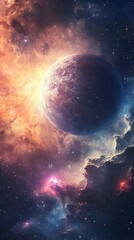 Obraz premium Earth and Sun in the cosmic expanse, with a blue and black nebula-filled galaxy surrounding them under a starlit night sky