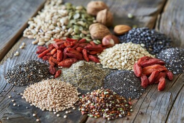 Various superfoods such as goji berries, chia seeds, quinoa, and nuts, neatly arranged on a wooden surface