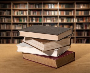 Set of books on table in library, education concept