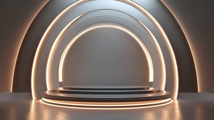 Fototapeta premium Archway to Ambitions: A sleek, modern 3D rendering of an illuminated, circular stage with an archway backdrop. 